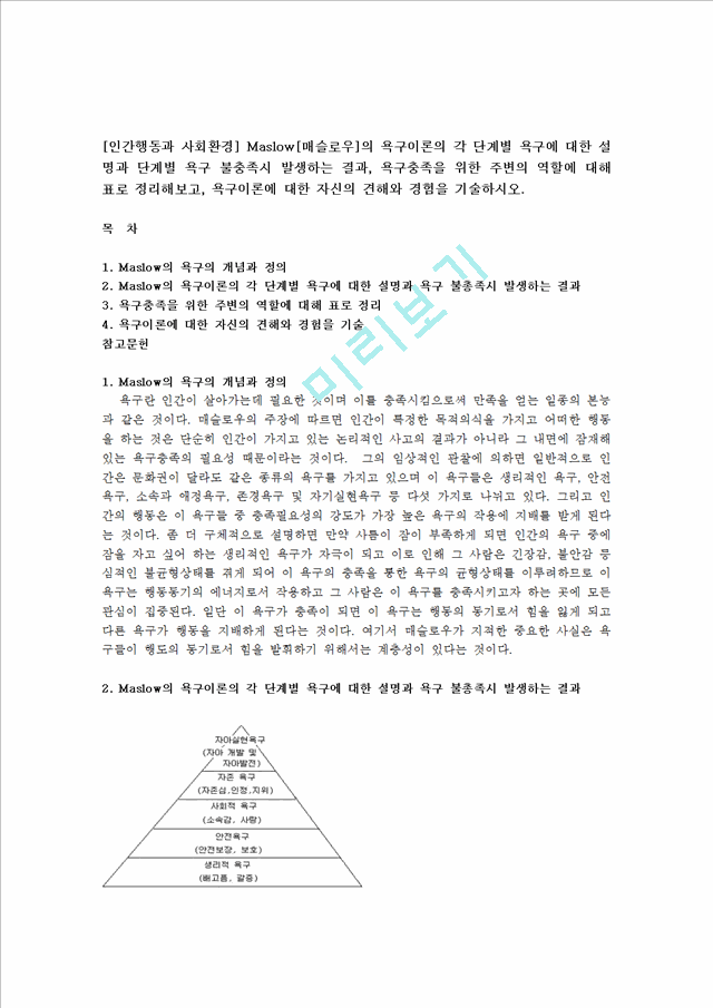 [사회과학][인간행동과 사회환경] Maslow[매슬로우]의 욕구이론의 각 단계별 욕구에 대한 설명과 단계별 욕구 불충족시 발생하는 결과, 욕구충족을 위한 주변의 역할에 대해 표로 정리해보고, 욕구이론에 대한 자신의 견해와 경험을 기술.hwp